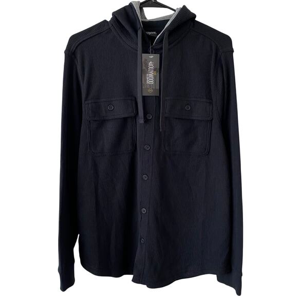 HOLLYWOOD Men's Thermal Button Down Hoodie Black Size Small Pockets Relaxed Fit - Picture 1 of 4